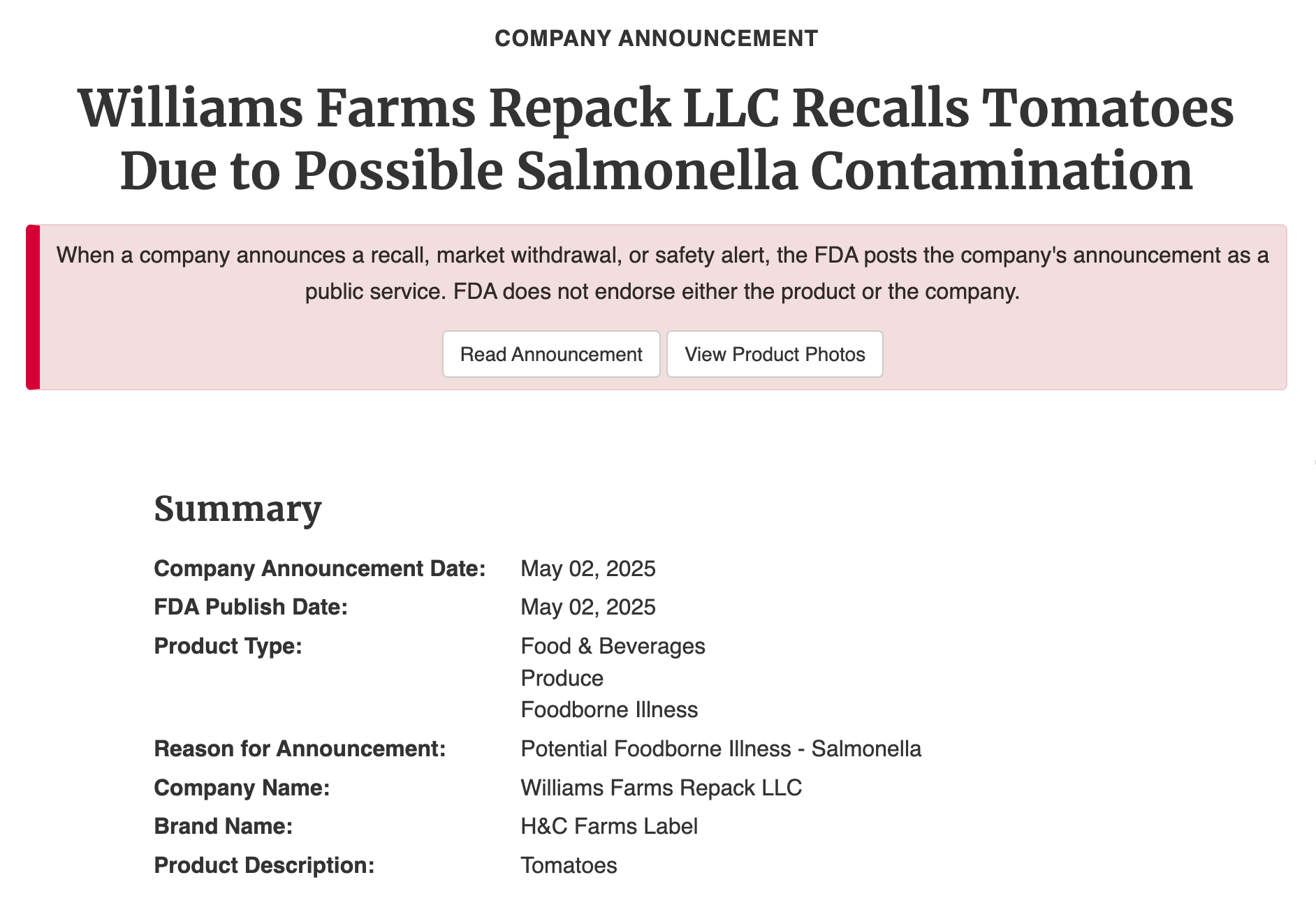 FDA Tomato Recall Salmonella